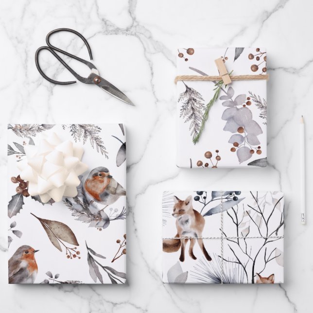 Winter Wildlife Birds Fox Leaves Botanical Wrapping Paper Sheets (Front)