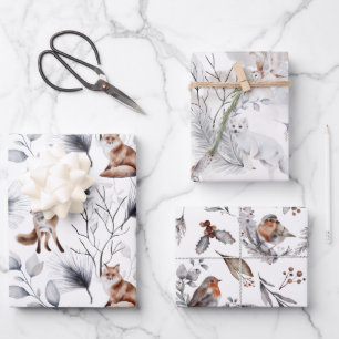 Winter Wildlife Fox Birds Ermine Seasonal Greenery Wrapping Paper Sheets