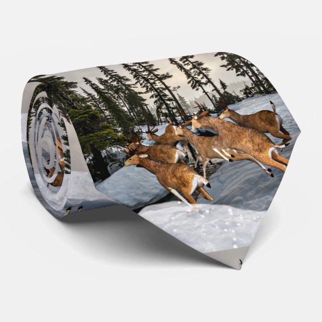 Winter Wildlife Mule Deer Running in Snow / Hunter Neck Tie (Rolled)