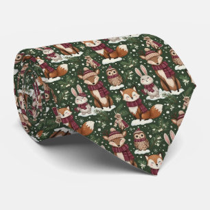 Winter Wildlife with Foxes, Deer, and Owls Neck Tie