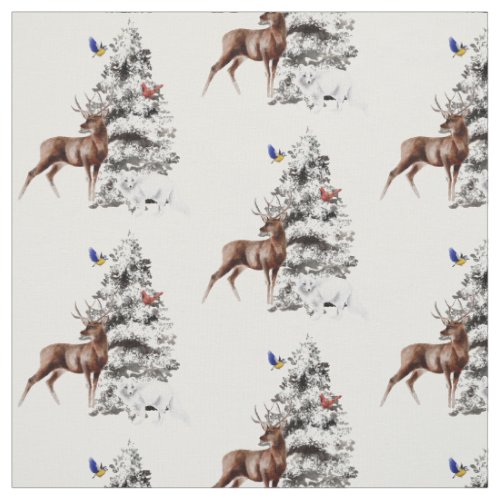 Winter Wildlife with Snow Tree Fabric