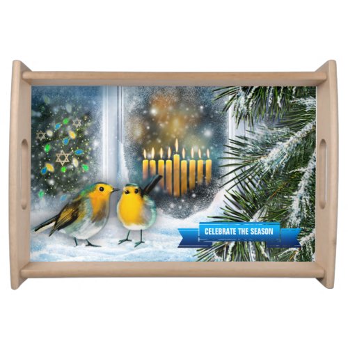 Winter Window Scene with Menorah Hanukkah Gift Serving Tray