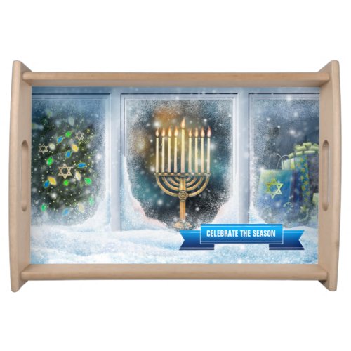 Winter Window Scene with Menorah Hanukkah  Serving Tray