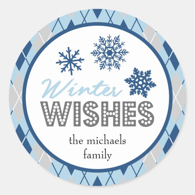 Winter Wishes Christmas Favor (Snowflakes) Classic Round Sticker (Front)