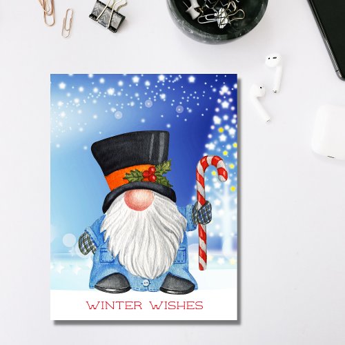 Winter Wishes Christmas Gnome Blue and White Postcard