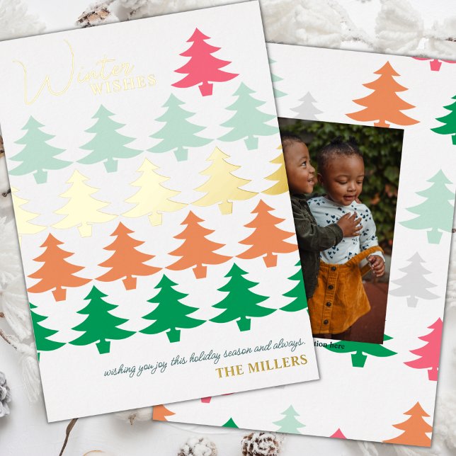 Winter Wishes Christmas Trees Photo Foil Holiday Card (Creator Uploaded)