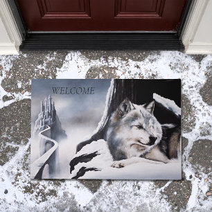 Winter Wolf Guardian Frozen Ice Castle Fantasy Doormat