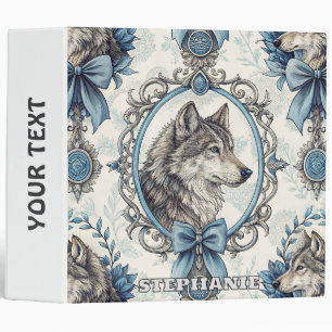 Winter Wolf Portrait in Ornate Blue & Grey Frame 3 Ring Binder