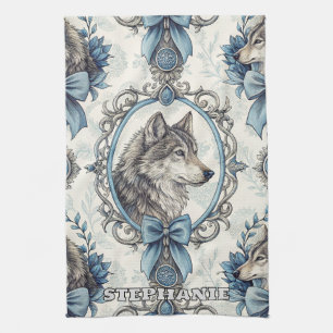 Winter Wolf Portrait in Ornate Blue & Grey Frame Kitchen Towel