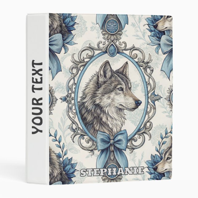 Winter Wolf Portrait in Ornate Blue & Grey Frame Mini Binder (Front/Spine)