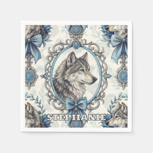 Winter Wolf Portrait in Ornate Blue & Grey Frame Napkins