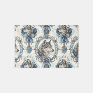 Winter Wolf Portrait in Ornate Blue & Grey Frame Outdoor Rug