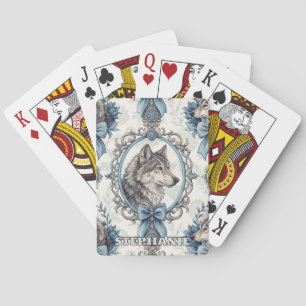 Winter Wolf Portrait in Ornate Blue & Grey Frame Poker Cards