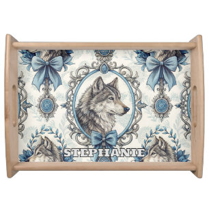 Winter Wolf Portrait in Ornate Blue & Grey Frame Serving Tray