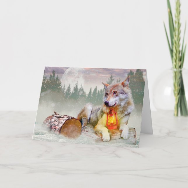 Winter Wolf Snow Christmas Scene Card (Front)