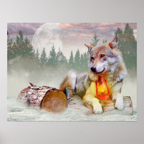 Winter Wolf Snow Christmas Scene Poster