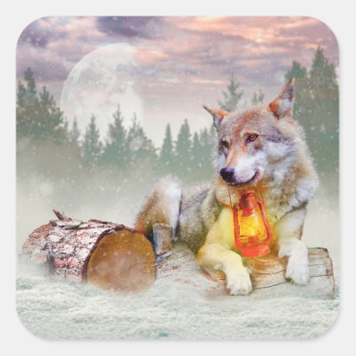 Winter Wolf Snow Christmas Scene Square Sticker