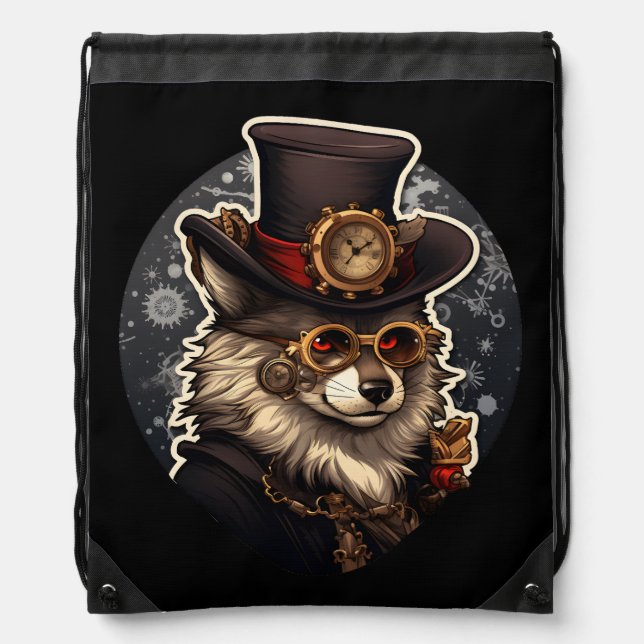 Winter wolf steampunk drawstring bag (Front)