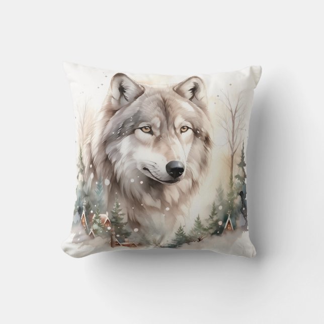 Winter Wolf Throw Pillow (Front)
