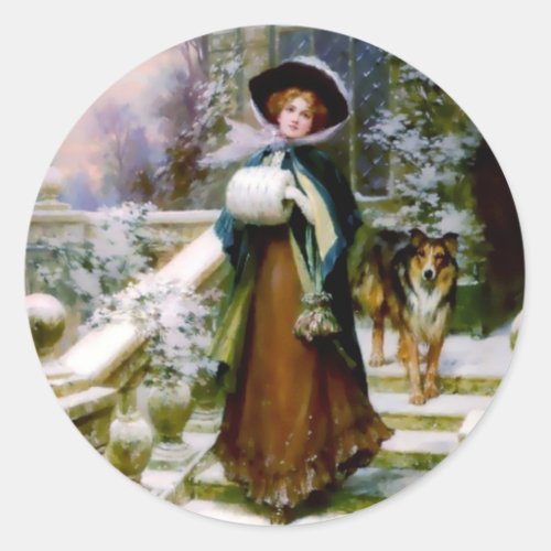 Winter Woman Collie Dog Victorian Hand Muff Classic Round Sticker