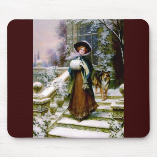 Winter Woman Collie Dog Victorian Hand Muff Mouse Pad