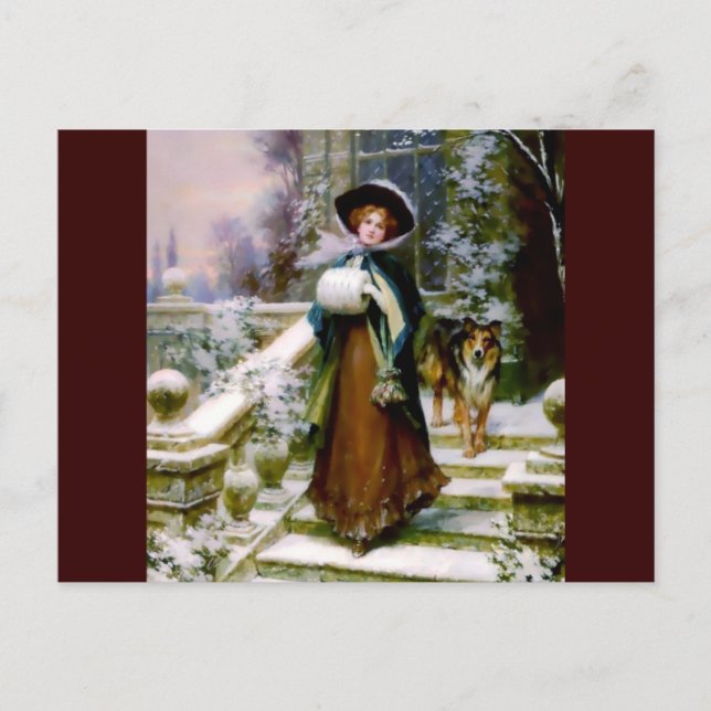 Winter Woman Collie Dog Victorian Hand Muff Postcard (Front)