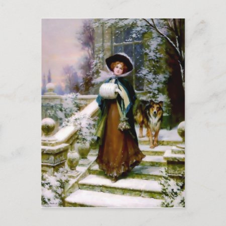 Winter Woman Collie Dog Victorian Hand Muff Postcard