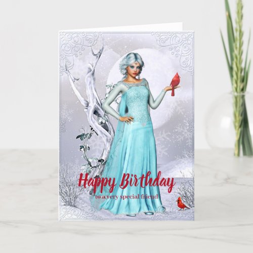 Winter Woman with Cardinal Birds Birthday Card