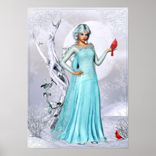 Winter Woman with Cardinal Birds Fantasy Artwork Poster