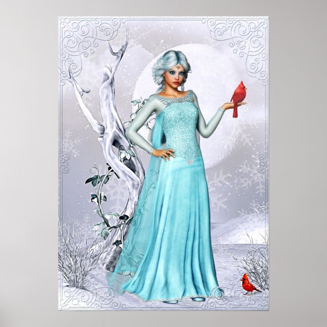 Winter Woman with Cardinal Birds Fantasy Artwork Poster (Front)