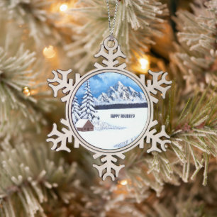 Winter Wonder Scene Snowflake Pewter Christmas Ornament