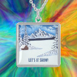 Winter Wonder Sterling Silver Necklace<br><div class="desc">An necklace with a beautiful winter scene including snowy mountains,  rustic cabin and snow covered evergreens.  The image,  text and background can be personalized. You also have the option to delete the text. Original artwork by W.B.</div>