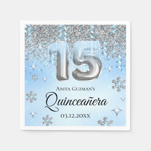 Winter Wonderland 15 Balloons Quinceanera Napkins (Front)