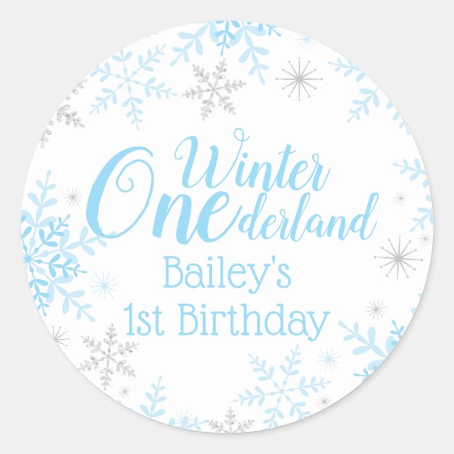 Winter Wonderland 1st Birthday Blue Silver Glitter Classic Round Sticker (Front)