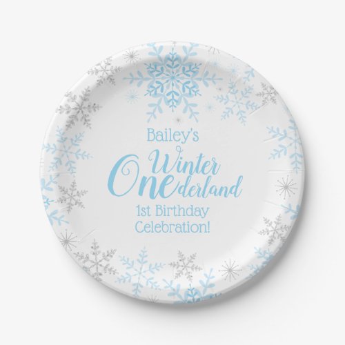 Winter Wonderland 1st Birthday Blue Snowflakes Paper Plates