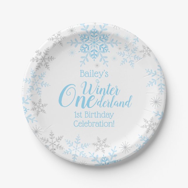 Winter Wonderland 1st Birthday Blue Snowflakes Paper Plates (Front)