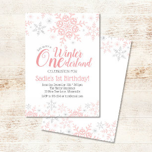 Winter Wonderland 1st Birthday Girl Pink Silver Invitation