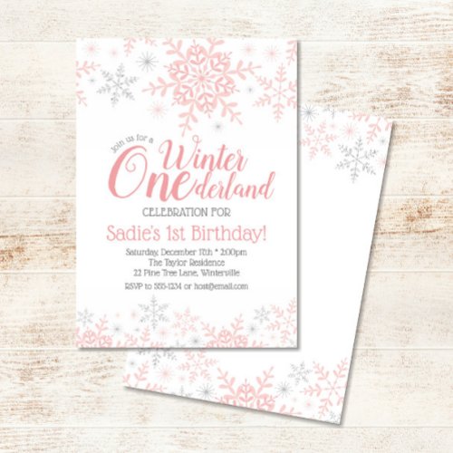 Winter Wonderland 1st Birthday Girl Pink Silver Invitation