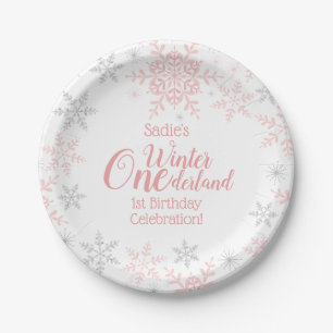 Winter Wonderland 1st Birthday Pink Snowflakes Paper Plates