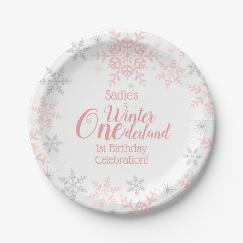 Winter Wonderland 1st Birthday Pink Snowflakes Paper Plates