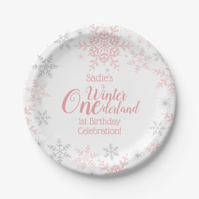 Winter Wonderland 1st Birthday Pink Snowflakes Paper Plates (Front)