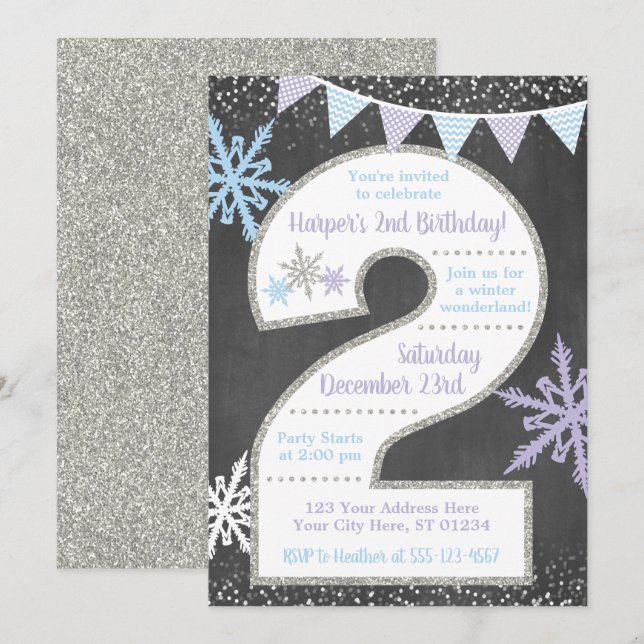 Winter Wonderland 2nd Birthday Invitation (Front/Back)
