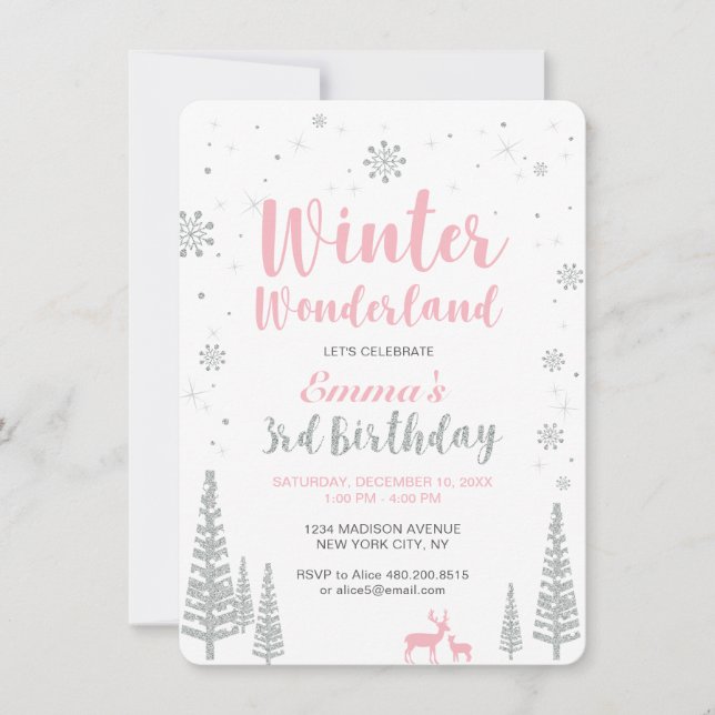 Winter Wonderland 3rd Birthday Invitation, Girl Invitation (Front)