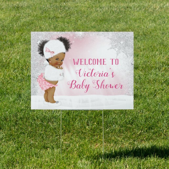 Winter Wonderland Afro Girl Baby Shower Sign (Insitu)