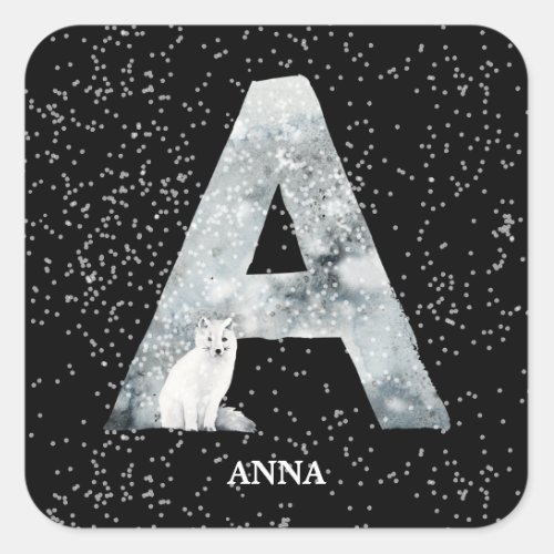 Winter Wonderland Alphabet A Monogram  Snow Wolf Square Sticker