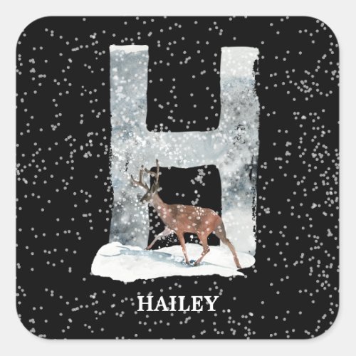 Winter Wonderland Alphabet H Monogram  Reindeer Square Sticker