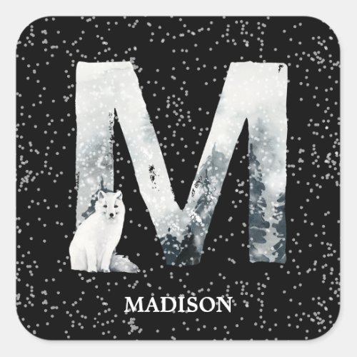 Winter Wonderland Alphabet M Monogram  Snow Wolf Square Sticker