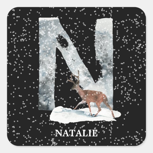 Winter Wonderland Alphabet N Monogram | Reindeer Square Sticker (Front)