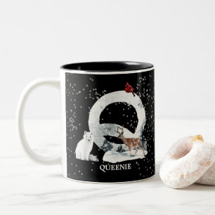 Winter Wonderland Alphabet Q Monogram Snow Wolf Two-Tone Coffee Mug
