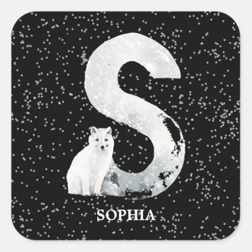 Winter Wonderland Alphabet S Monogram  Snow Wolf Square Sticker